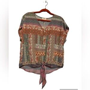 Umgee NWT Boho Paisley Multicolor Tie Waist Oversized Pullover Blouse Size S